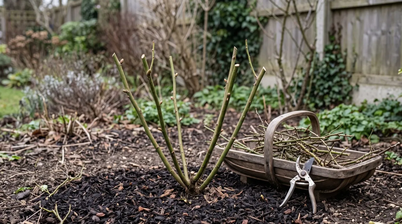 Shrub rose pruned in winter to an open vase shape with a clear centre for airflow