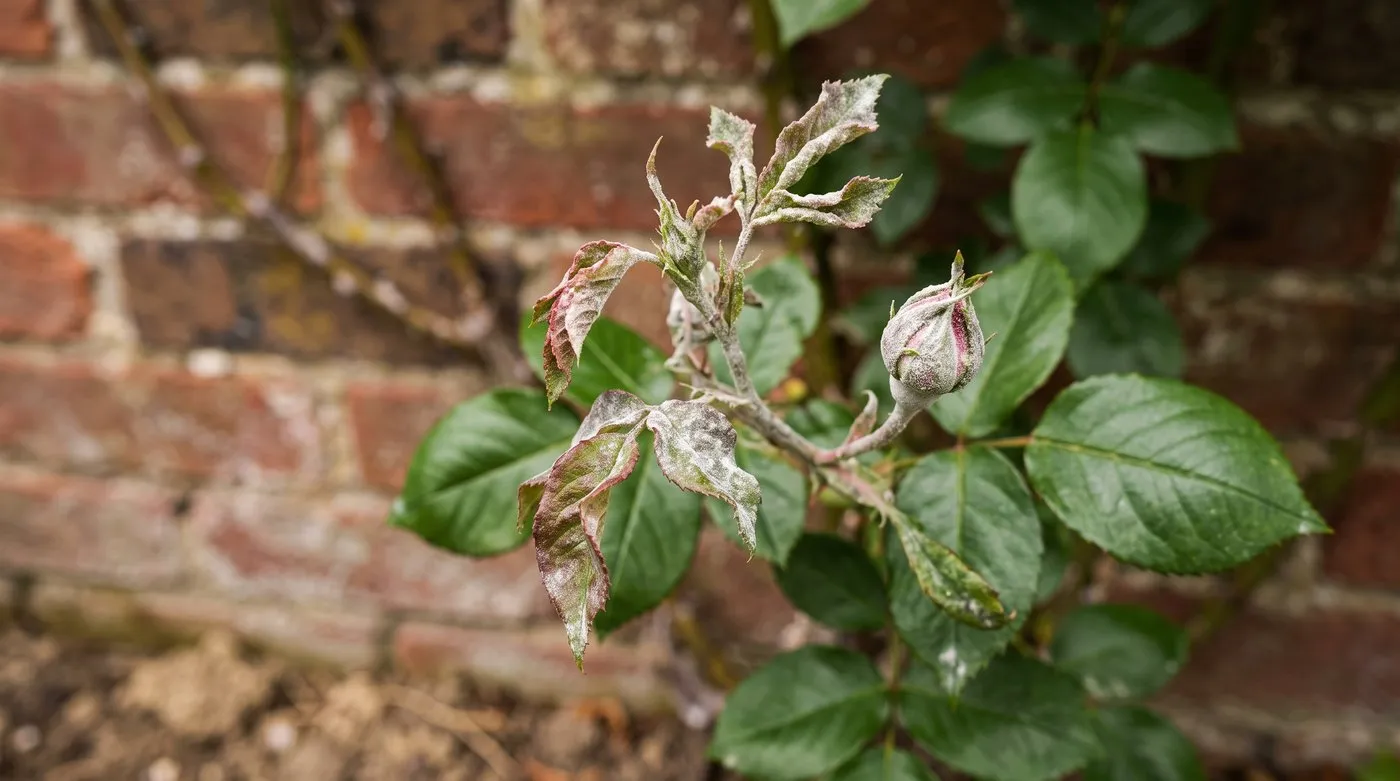 Climbing rose shoot tips coated in white powdery mildew with twisted leaves and a dusted bud
