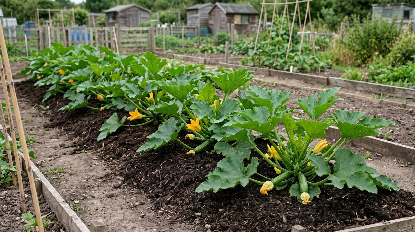 Healthy courgette plants spaced a metre apart with compost mulch on an allotment