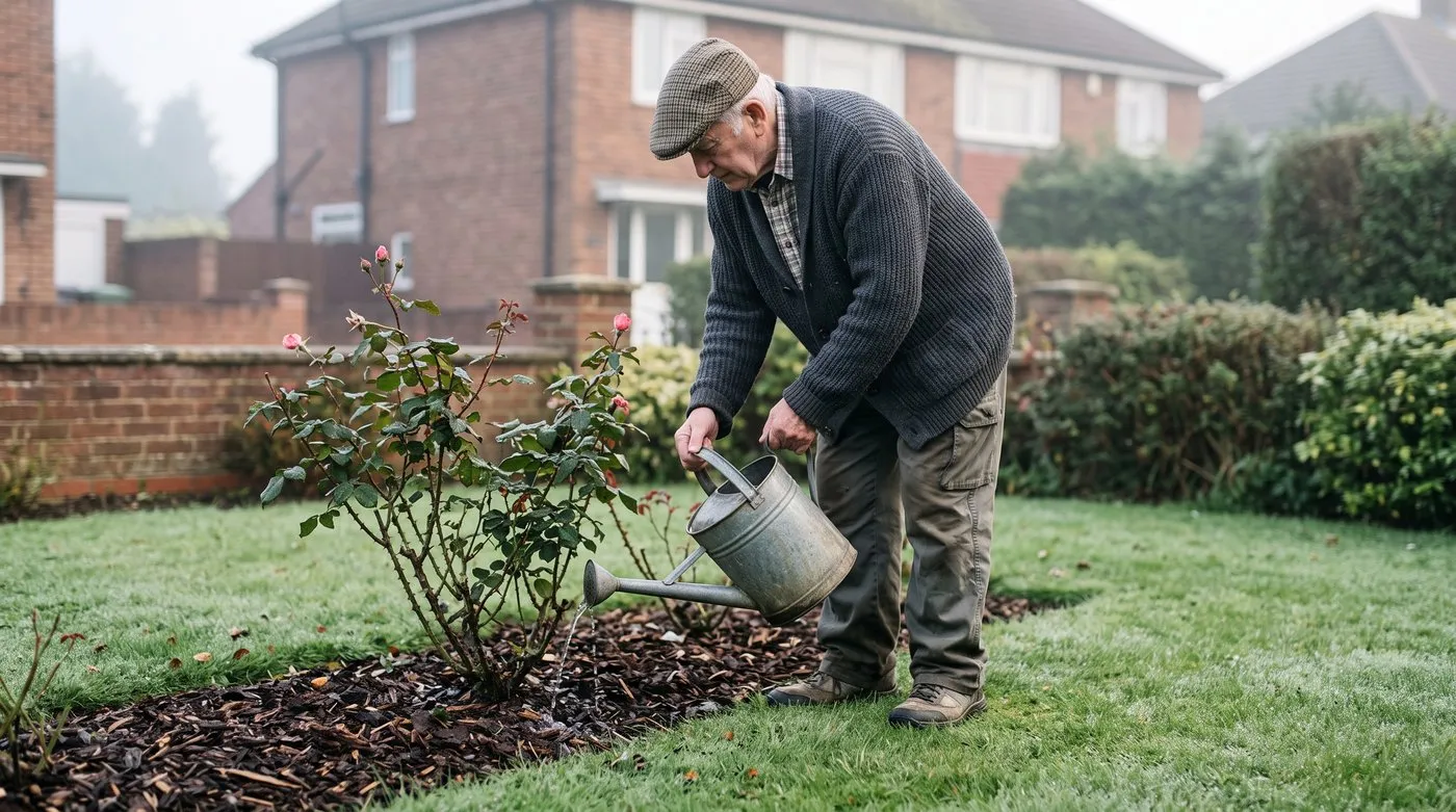 Older man watering the base of a rose bush in the morning to help prevent powdery mildew