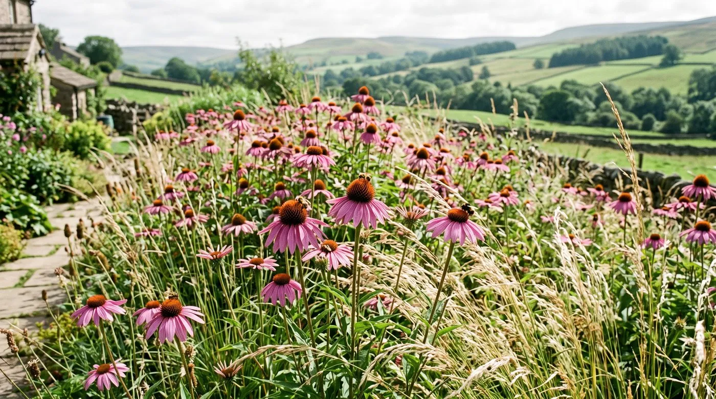 Echinacea and grasses in a Yorkshire garden prairie border with rolling hills behind