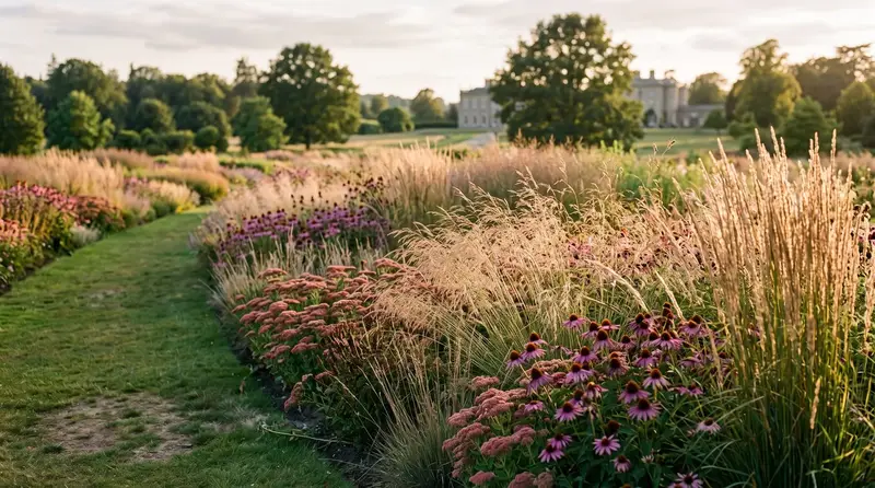 Prairie planting border of ornamental grasses and echinacea in flowing drifts in a large UK garden in late summer