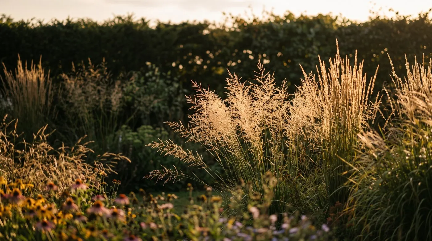 Backlit ornamental grasses catching low light in a large Norfolk garden prairie border