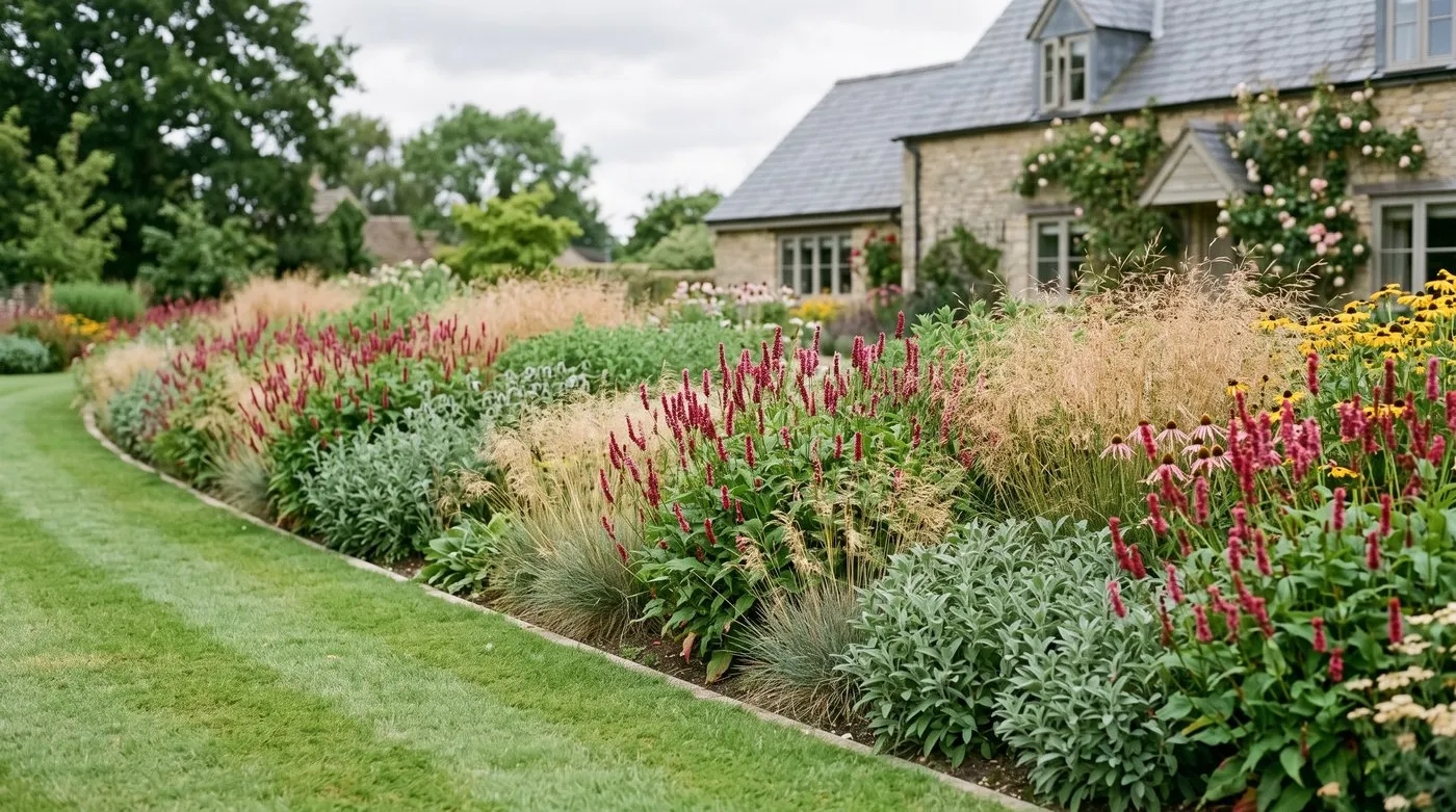 Naturalistic prairie planting scheme with repeating drifts of grasses and perennials in a large suburban garden