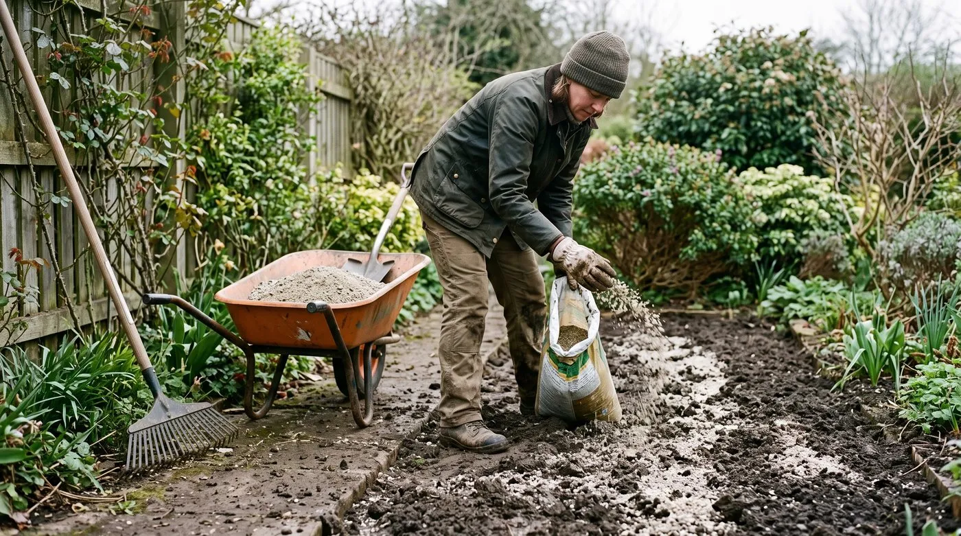 Gardener spreading horticultural grit across a cleared clay border before planting in a Midlands garden
