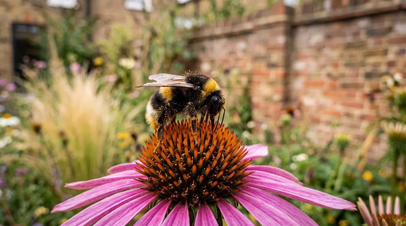 Bumblebee feeding on echinacea flowers in a London townhouse prairie-style garden