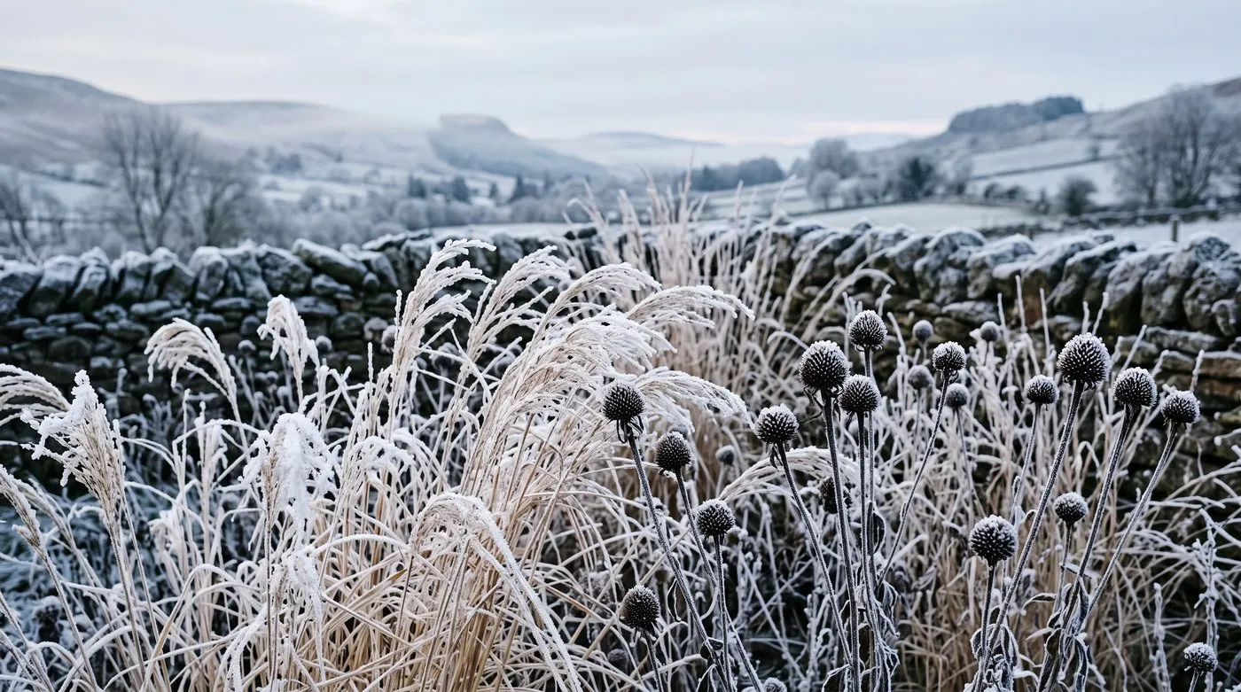 Frost-covered grasses and echinacea seedheads standing in a Scottish garden in winter
