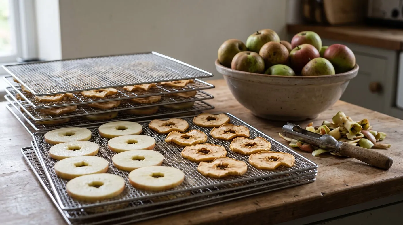 Thin apple rings laid out on dehydrator trays, some fresh and some dried leathery