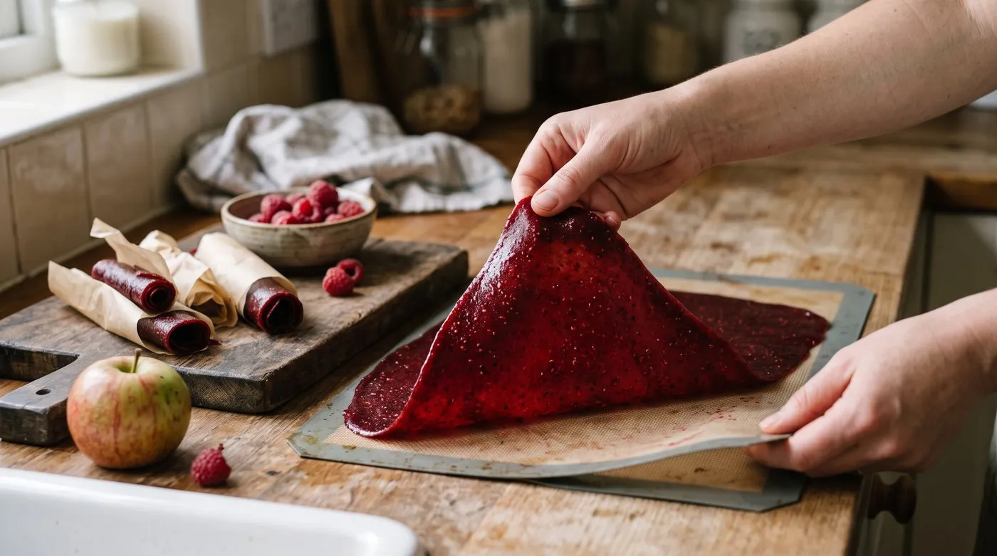 Raspberry fruit leather peeling off a silicone mat beside rolled strips in baking paper