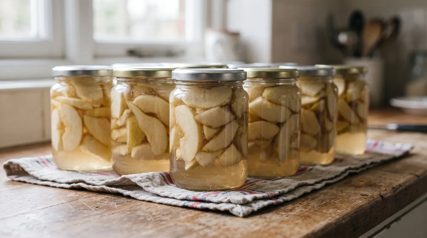 Freshly bottled jars of apples and pears cooling, with lids dipped down in the centre