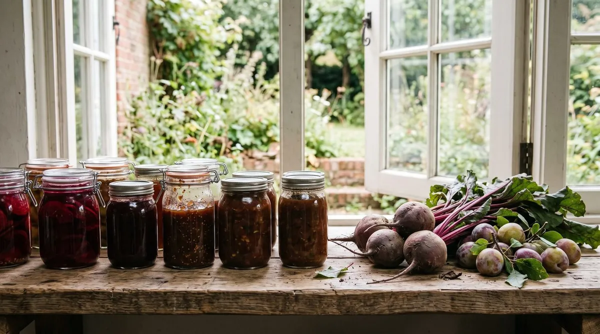 Jars of jam, pickled beetroot and chutney on a kitchen shelf