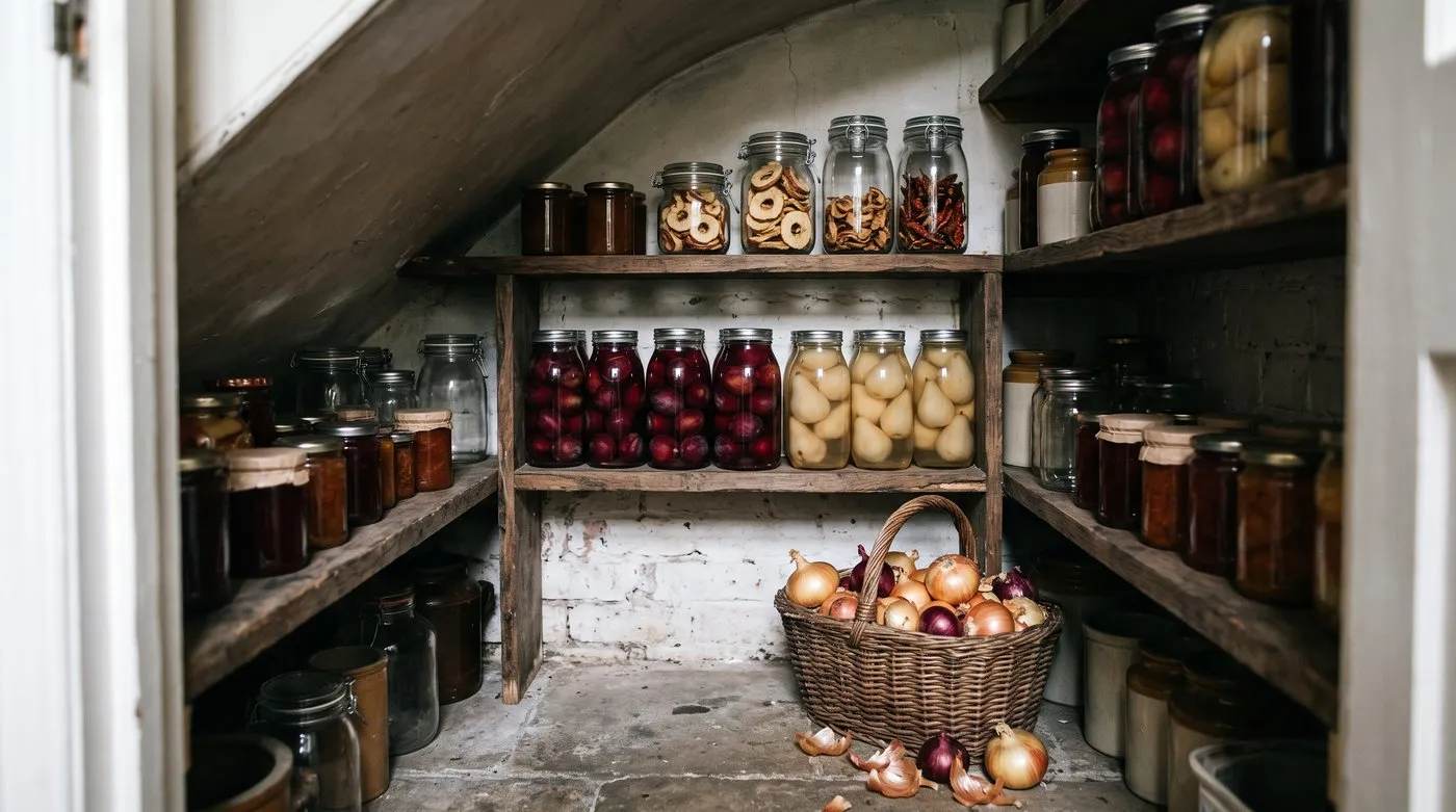 Shelves of bottled fruit, dried produce and jam in a cool, dark under-stairs pantry