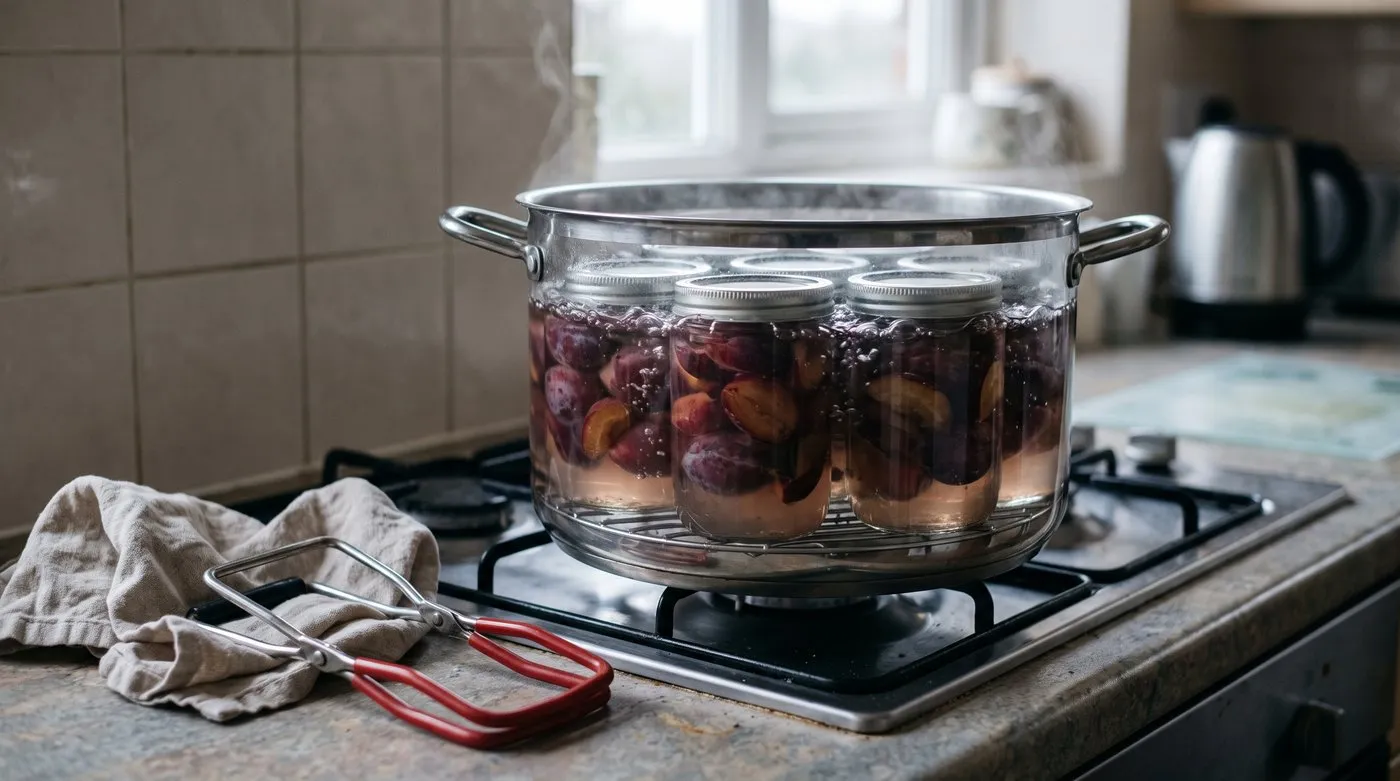 Jars of halved plums in syrup on a rack in a deep pan of boiling water