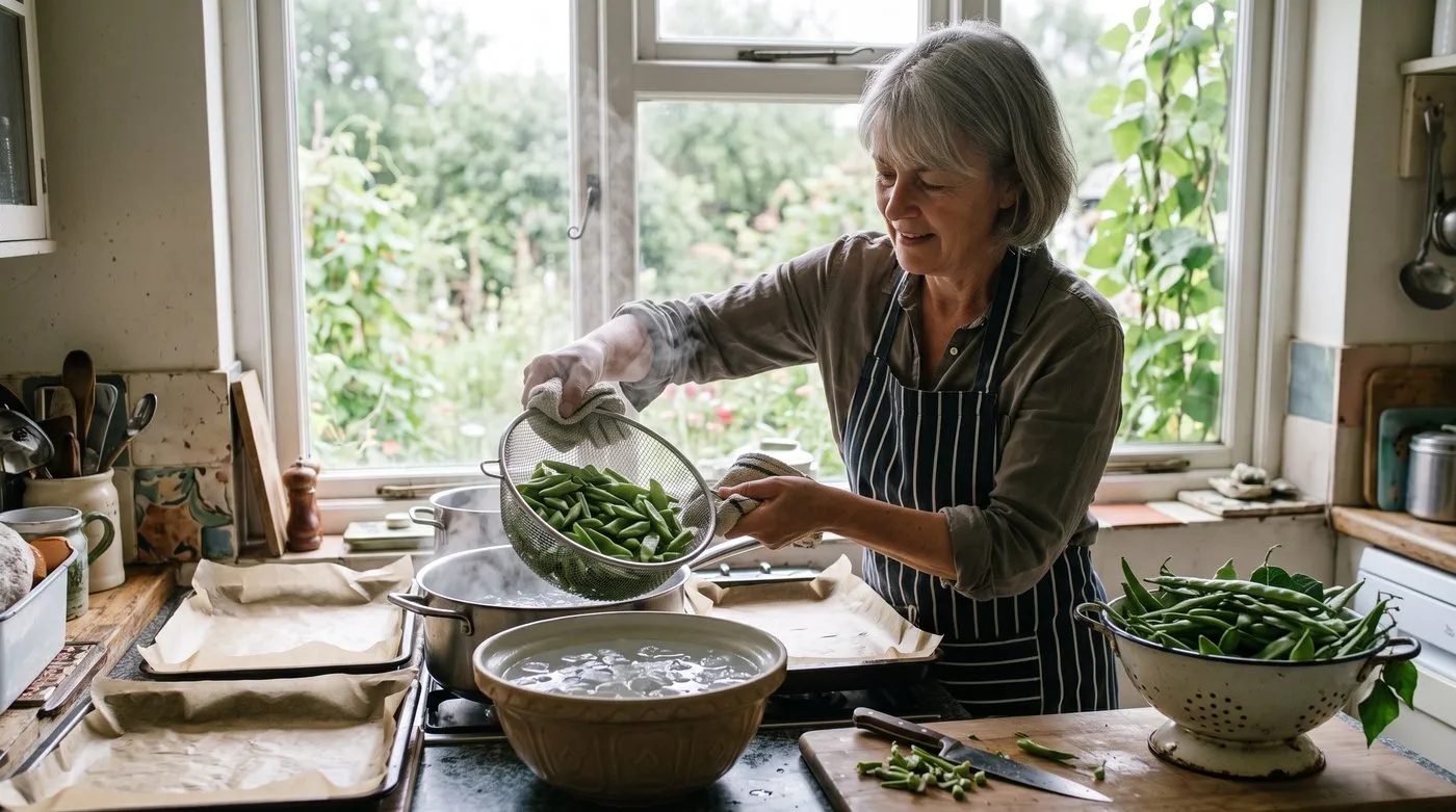 Woman blanching sliced runner beans and cooling them in iced water before freezing