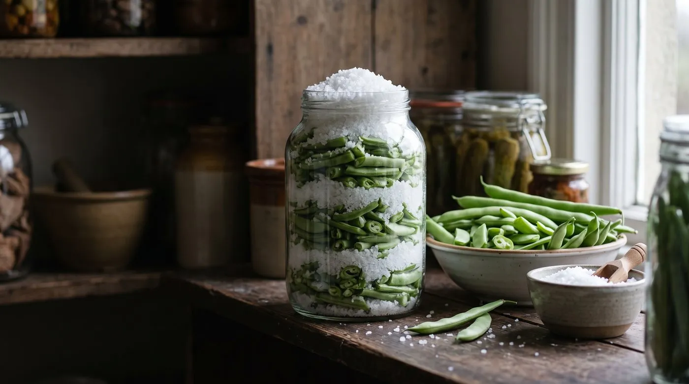 Glass jar packed with layers of sliced runner beans and coarse salt