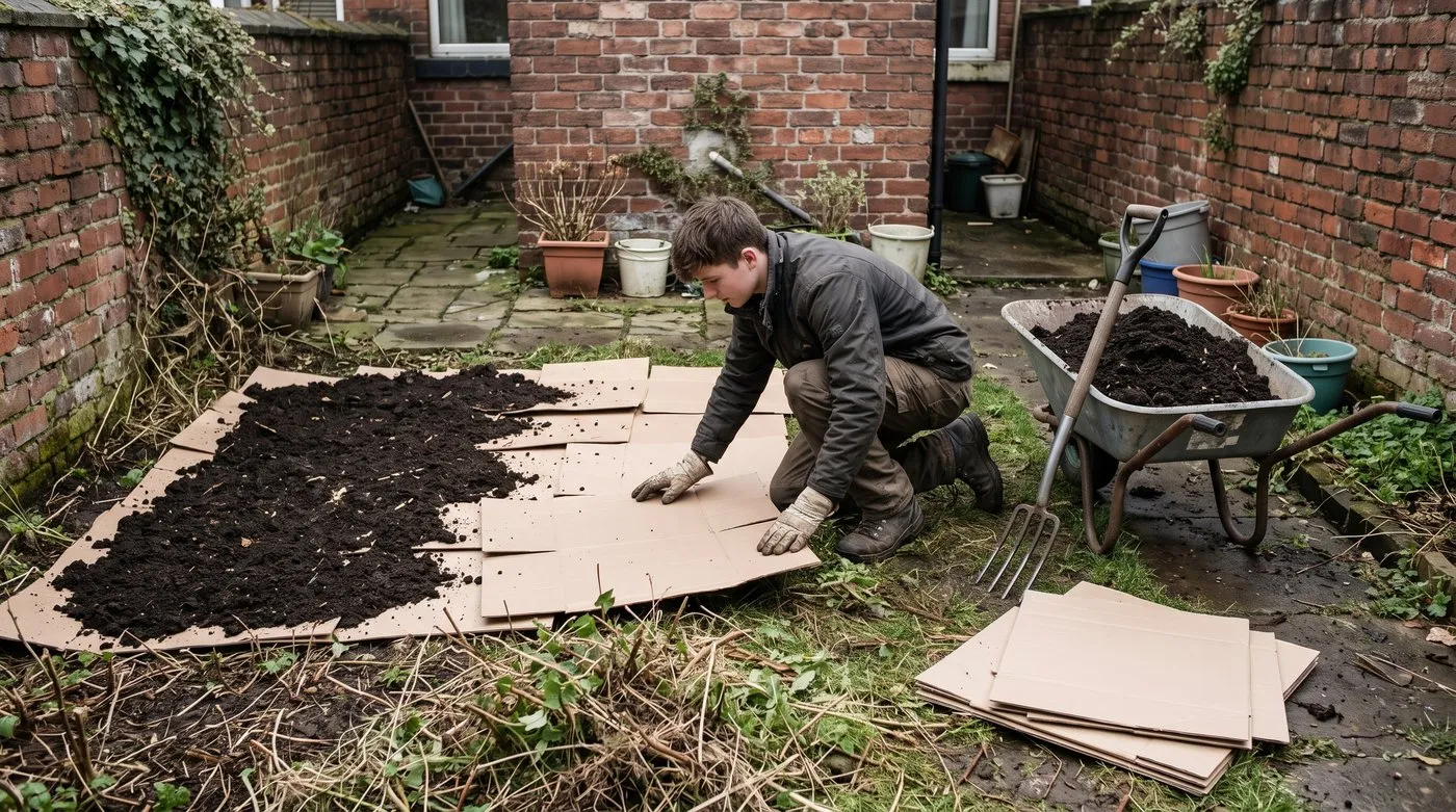 Gardener laying plain cardboard over cut-down weeds before covering it with compost