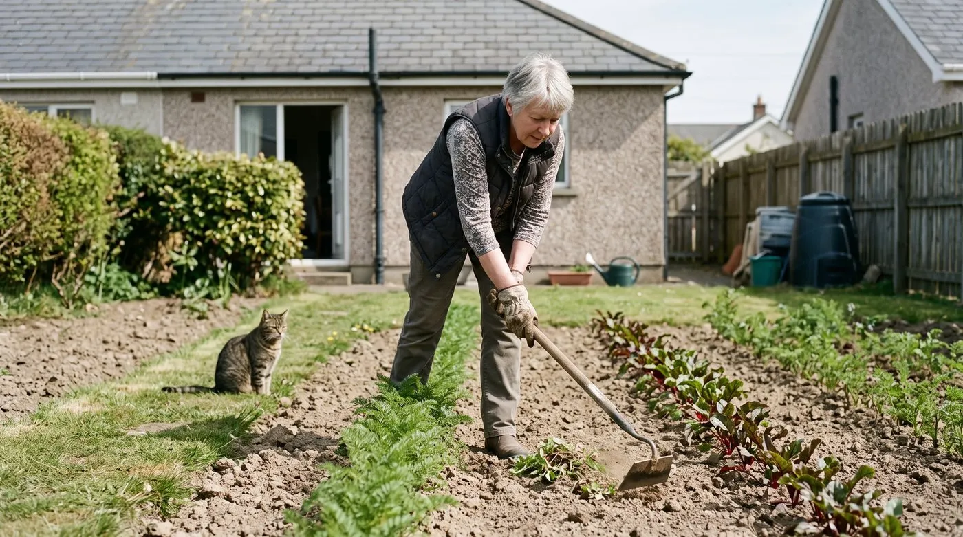 Older woman hoeing tiny weed seedlings between rows of young carrots and beetroot