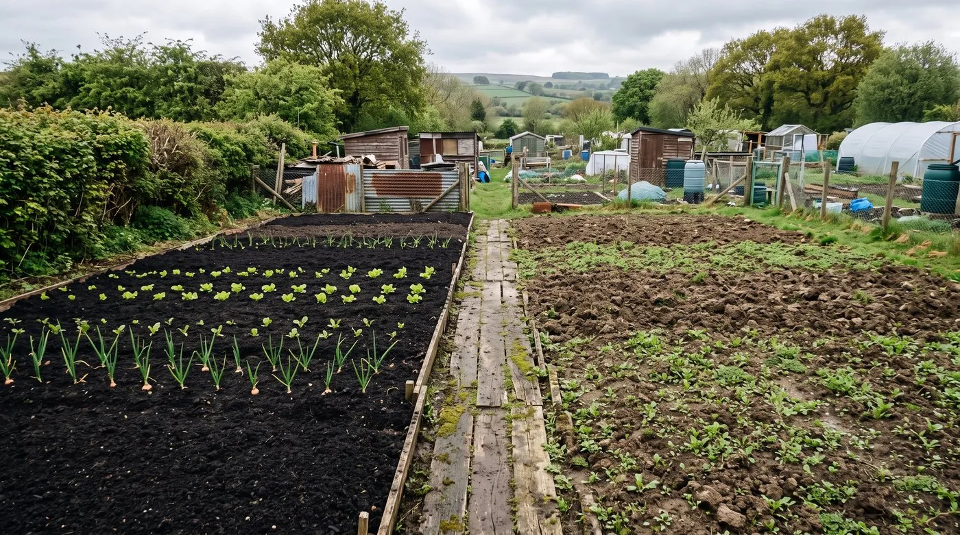 Clean no-dig veg bed with lettuces beside a dug bed covered in weed seedlings