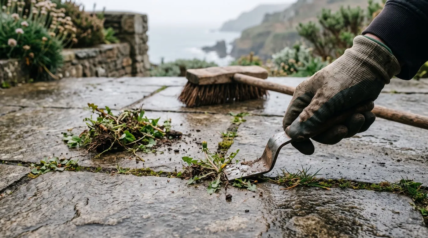 Gloved hand scraping weeds from patio joints with a weeding knife
