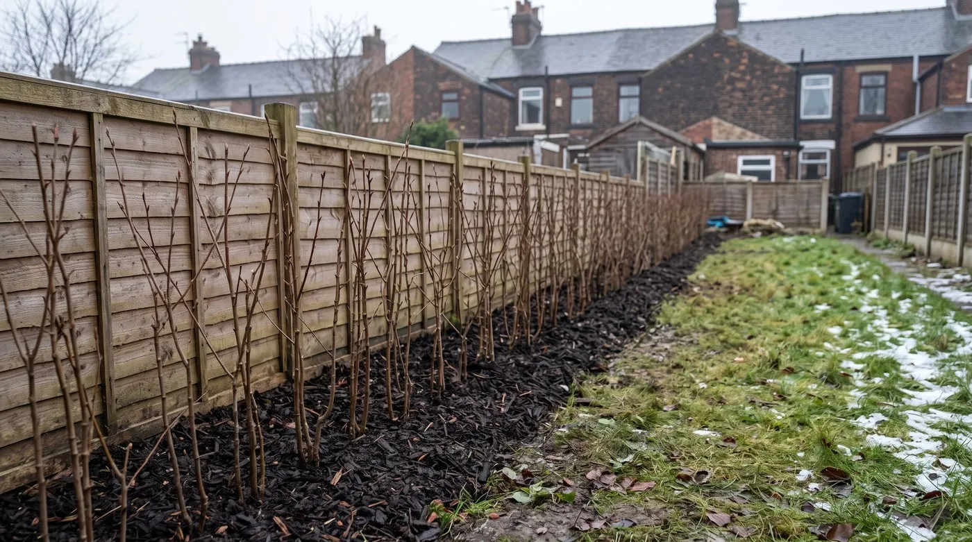Newly planted row of bare-root beech hedging whips in a mulched strip along a garden fence