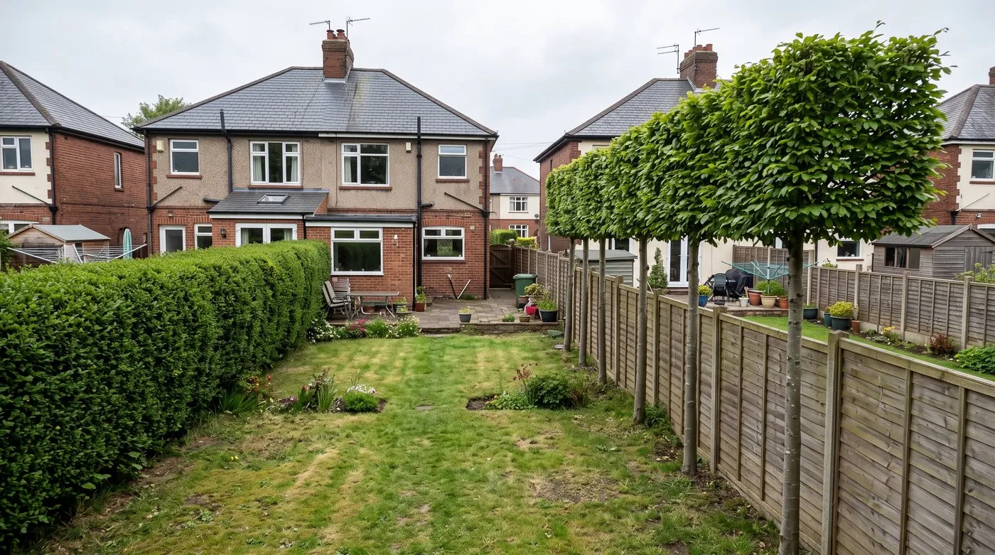 Clipped evergreen hedge on one side of a back garden and a row of pleached trees above the fence on the other