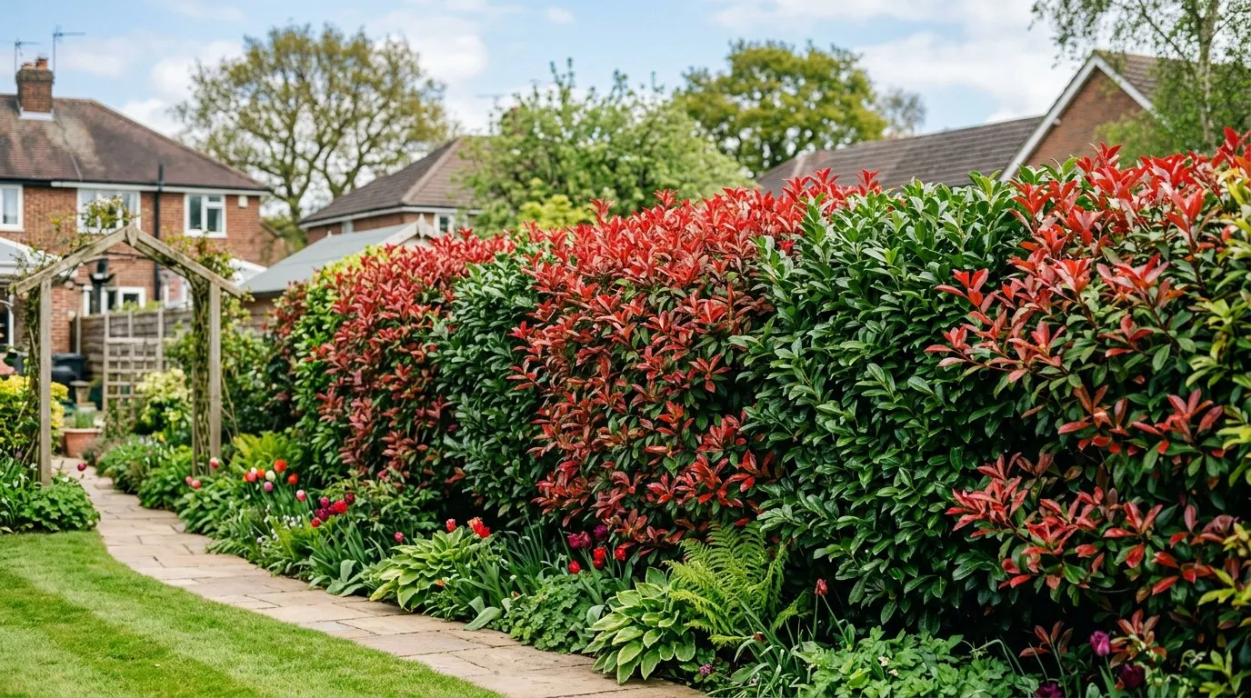 A mixed privacy screening hedge with Red Robin and Portuguese Laurel in a UK suburban garden