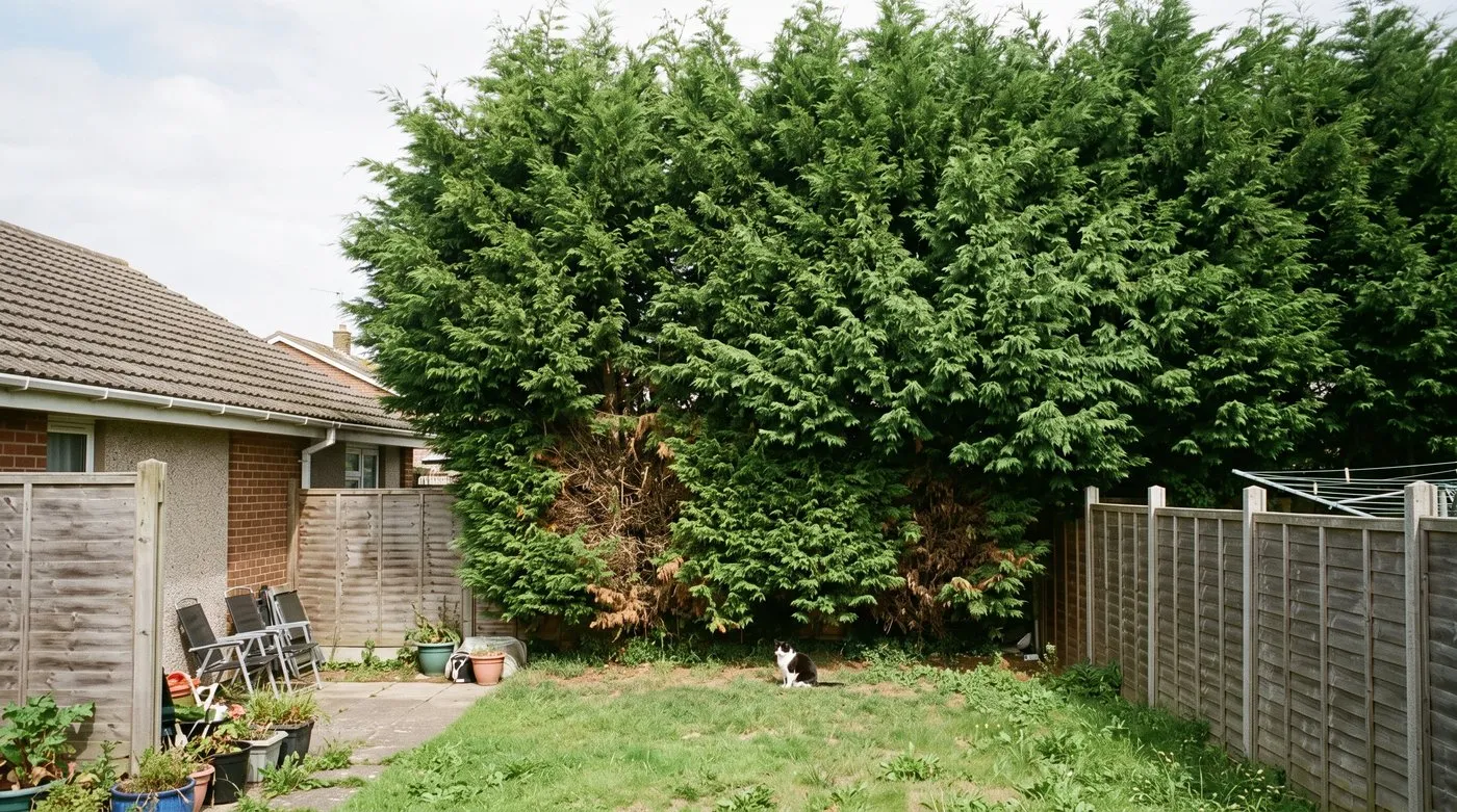 Overgrown Leylandii hedge towering over a bungalow garden with brown patches where it was cut too hard