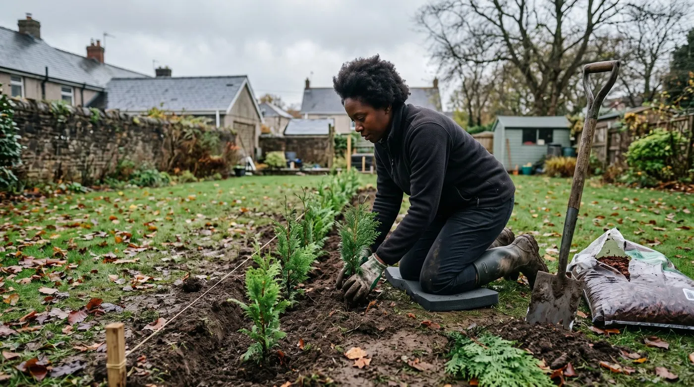 Gardener planting young Western red cedar hedge plants along a string line in a dug trench
