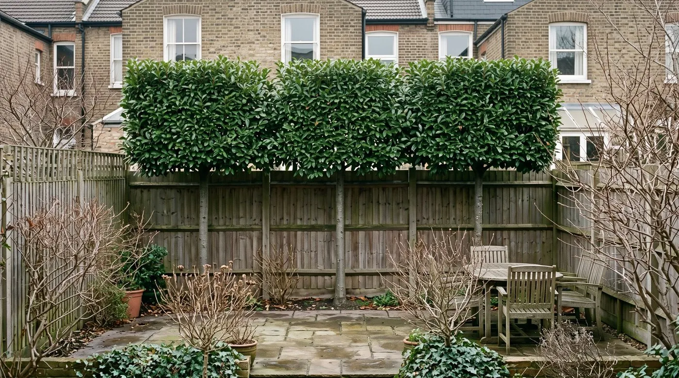 Evergreen pleached Portugal laurel trees screening a UK city patio from overlooking windows in winter