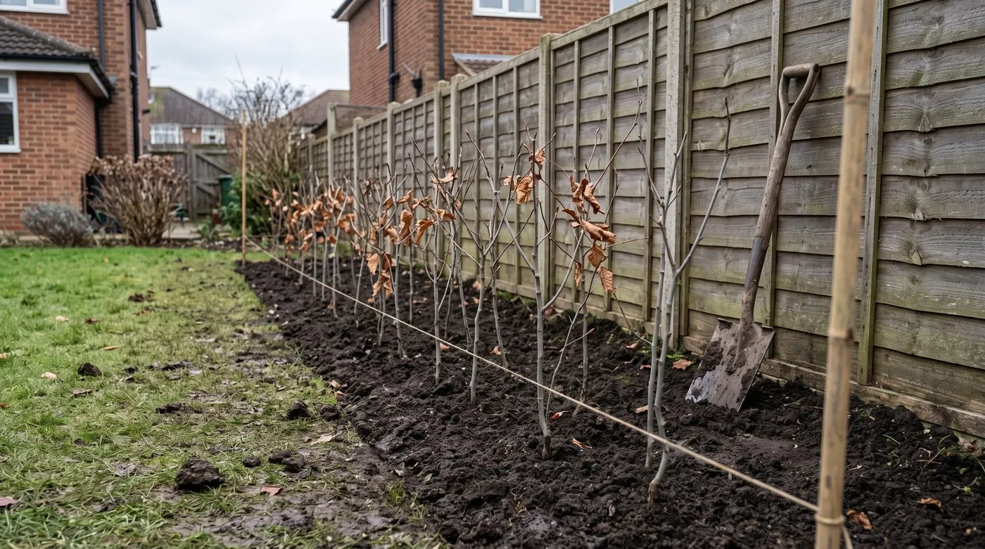 Double staggered row of bare-root hornbeam whips newly planted along a string line for a privacy hedge