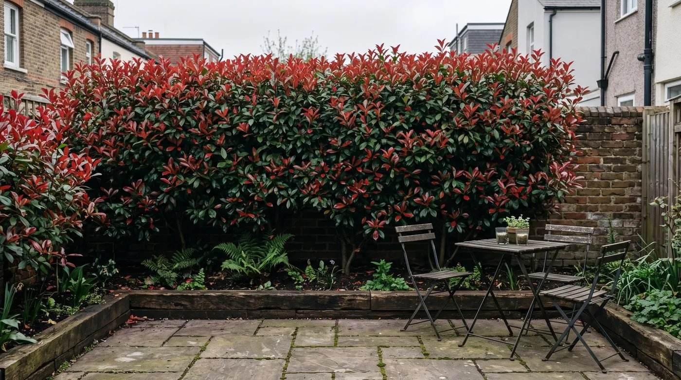 Clipped Photinia Red Robin privacy screen with bright red new leaves along a small UK terraced garden boundary