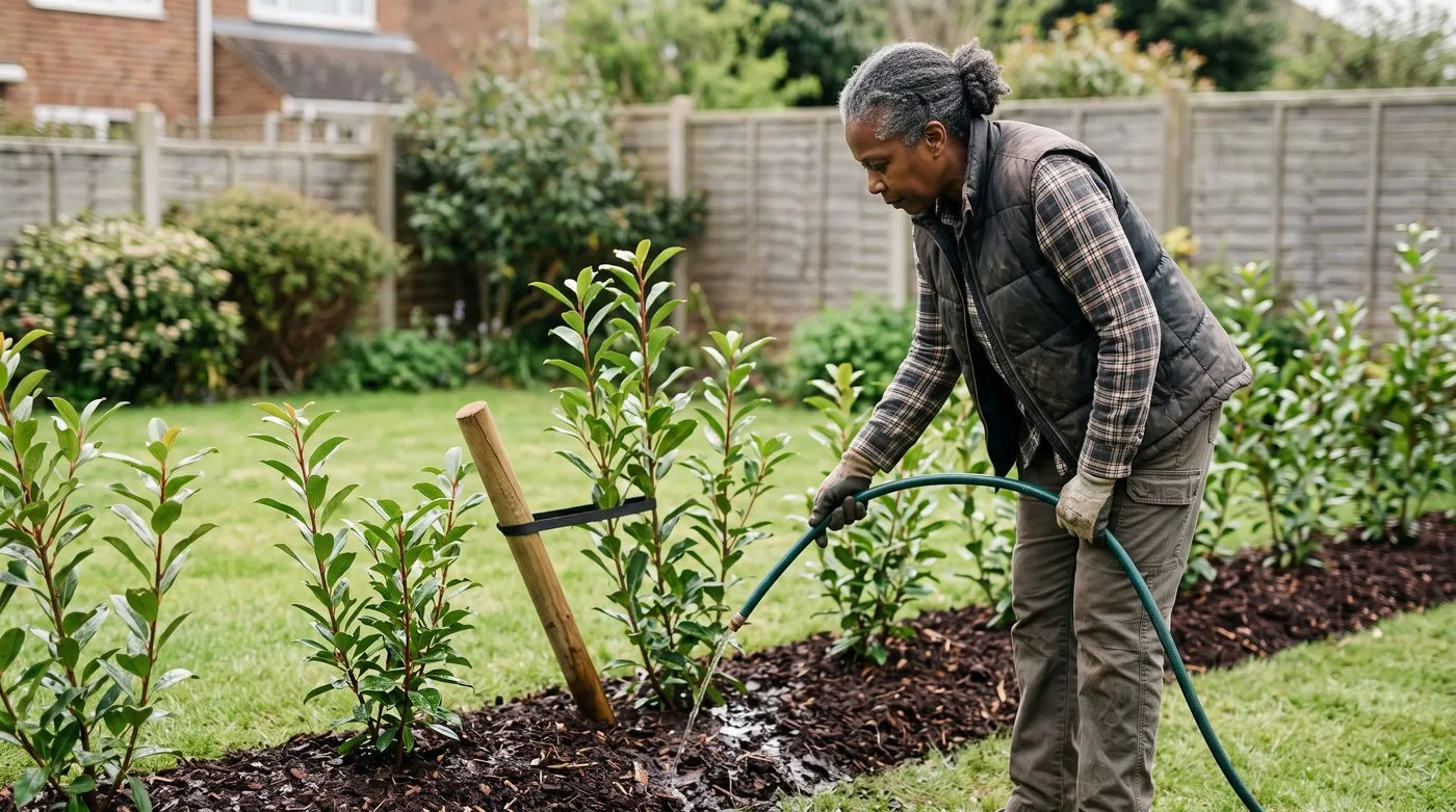 Woman watering the base of a young mulched privacy hedge with a hose in a UK back garden