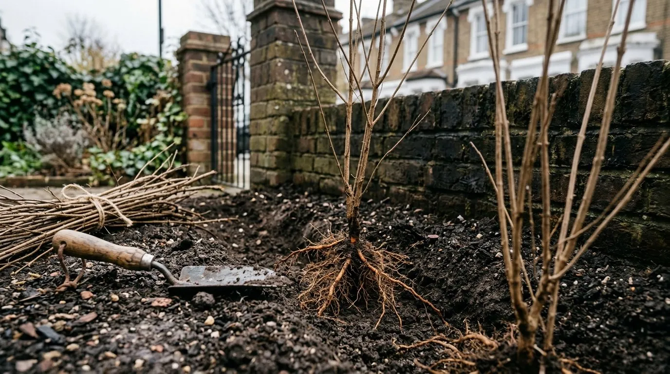 Bare-root privet hedge whips being planted in a trench in a suburban front garden