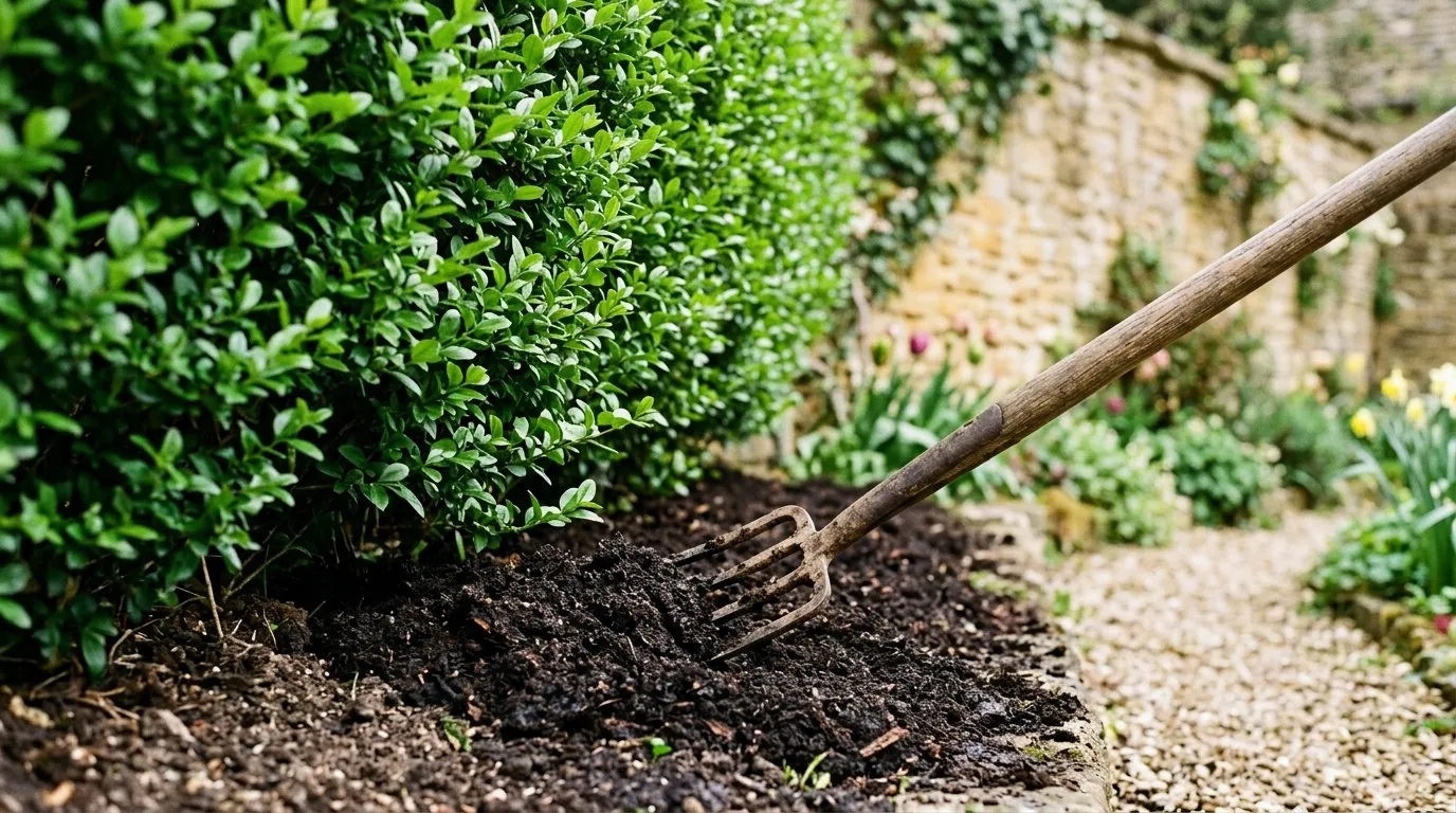 Mulching the base of a privet hedge with compost in a rural cottage garden