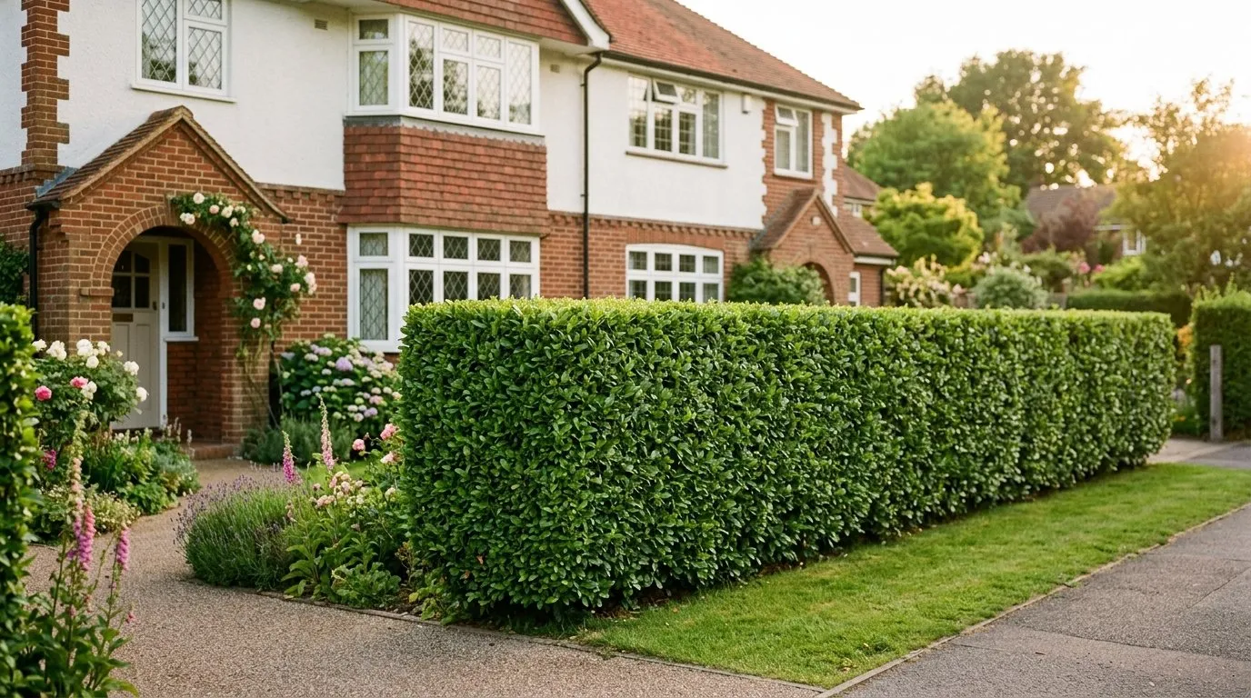 Established formal privet hedge screening a suburban semi-detached garden in summer