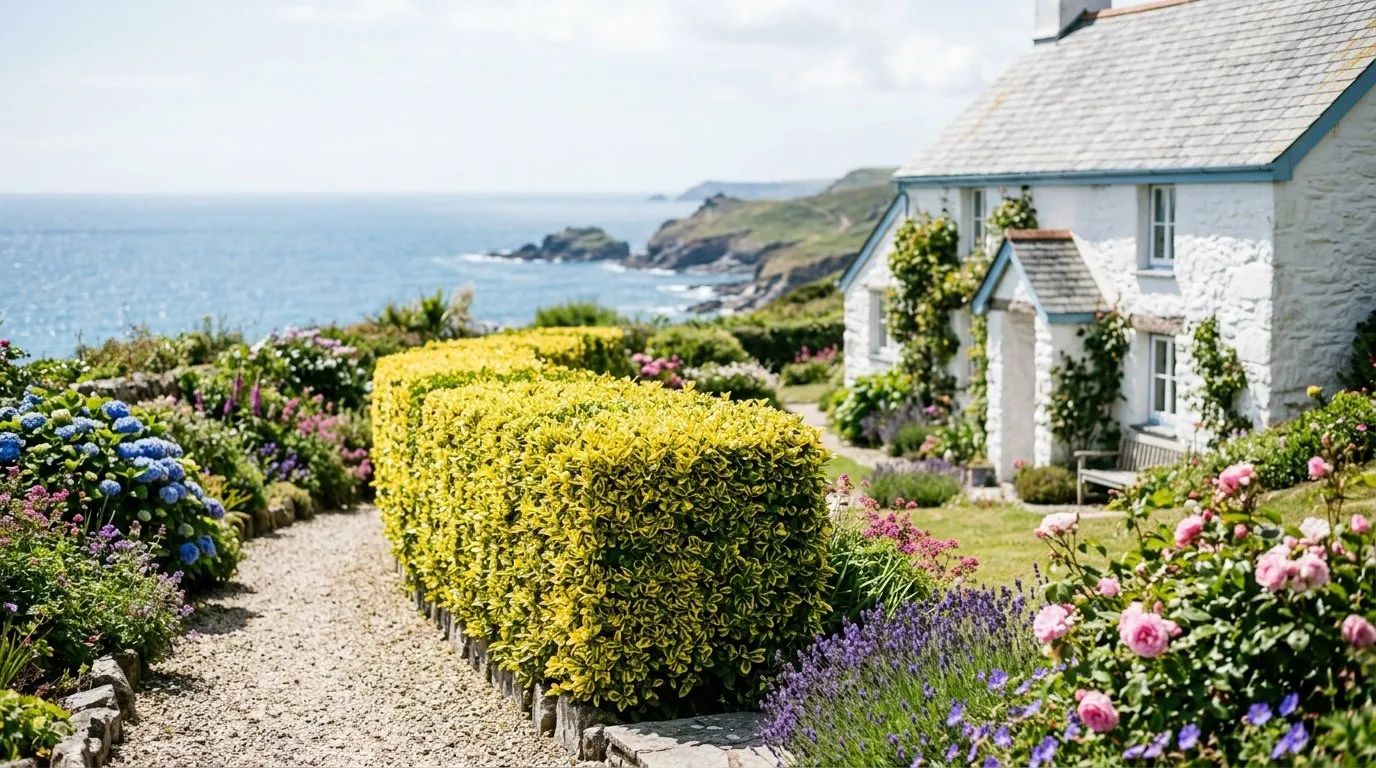 Golden privet hedge with yellow-variegated foliage in a coastal seaside garden