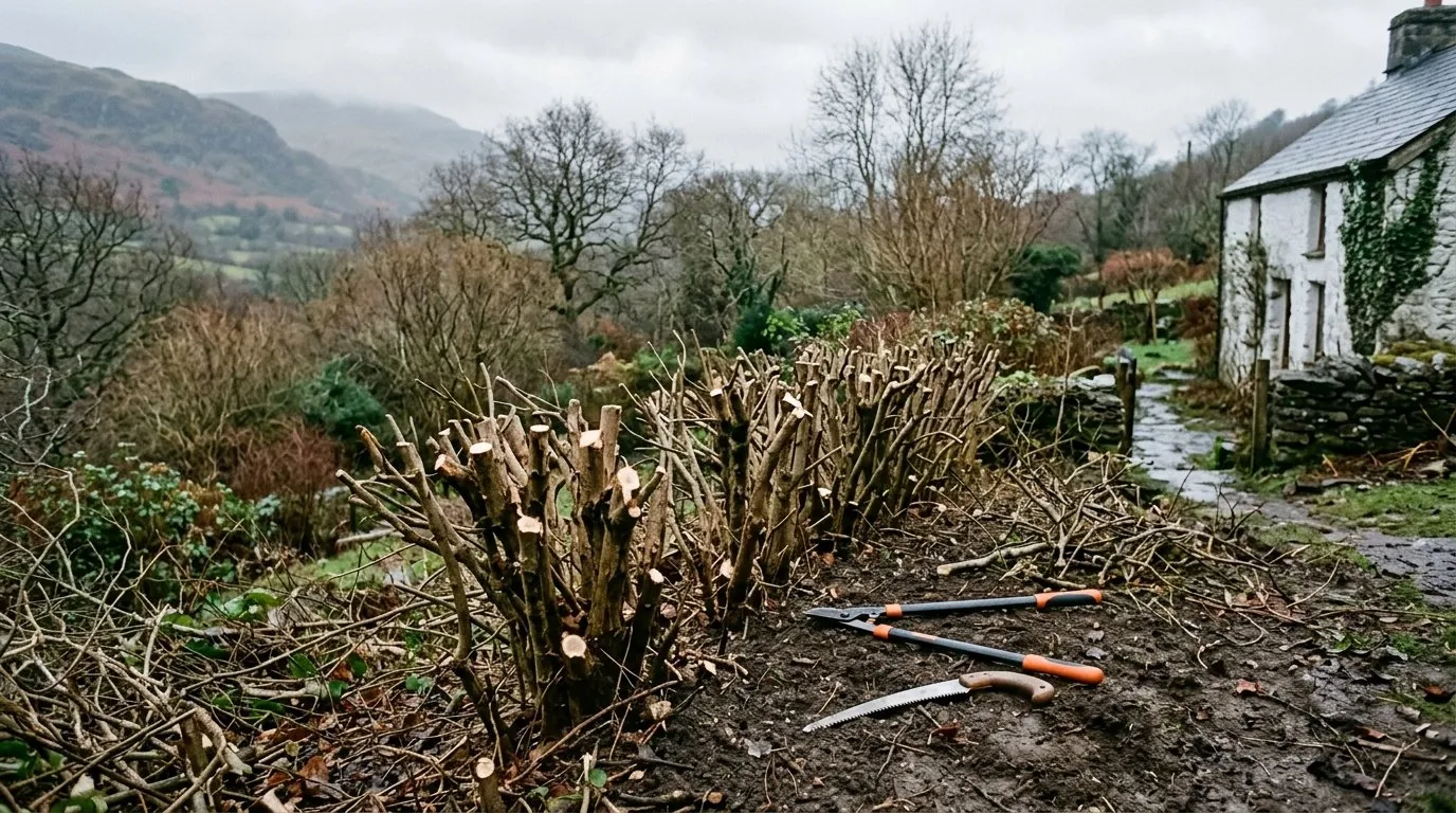 Privet hedge cut hard back to bare stumps during winter renovation in a Welsh garden