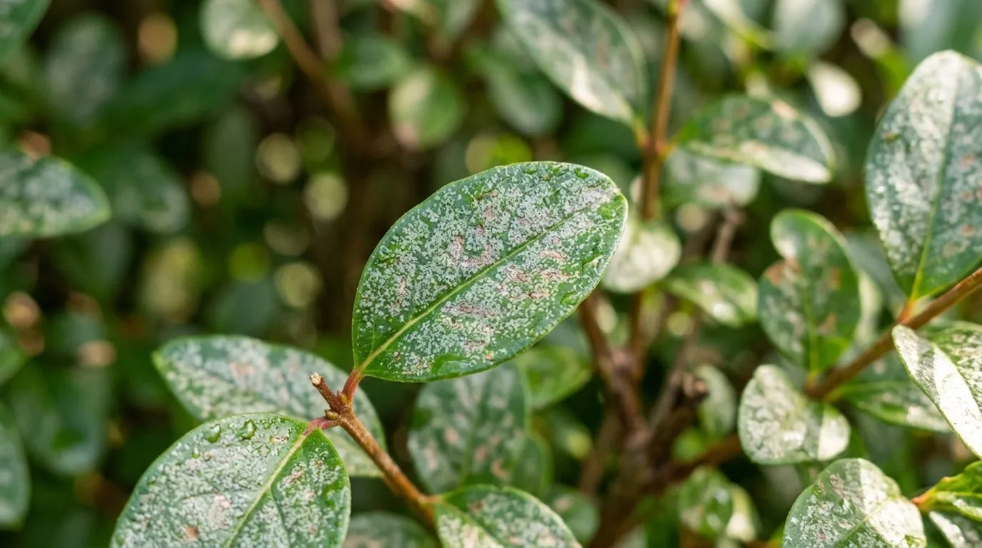 Close-up of privet leaves showing silvery mottling from privet thrips damage