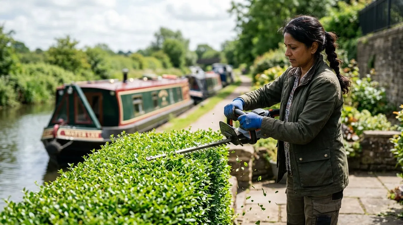 Trimming a formal privet hedge with powered hedge trimmer on a canal-side terrace