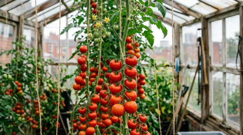 Ripe red cordon tomato trusses in a UK greenhouse, advanced tips for growing tomatoes for higher yield