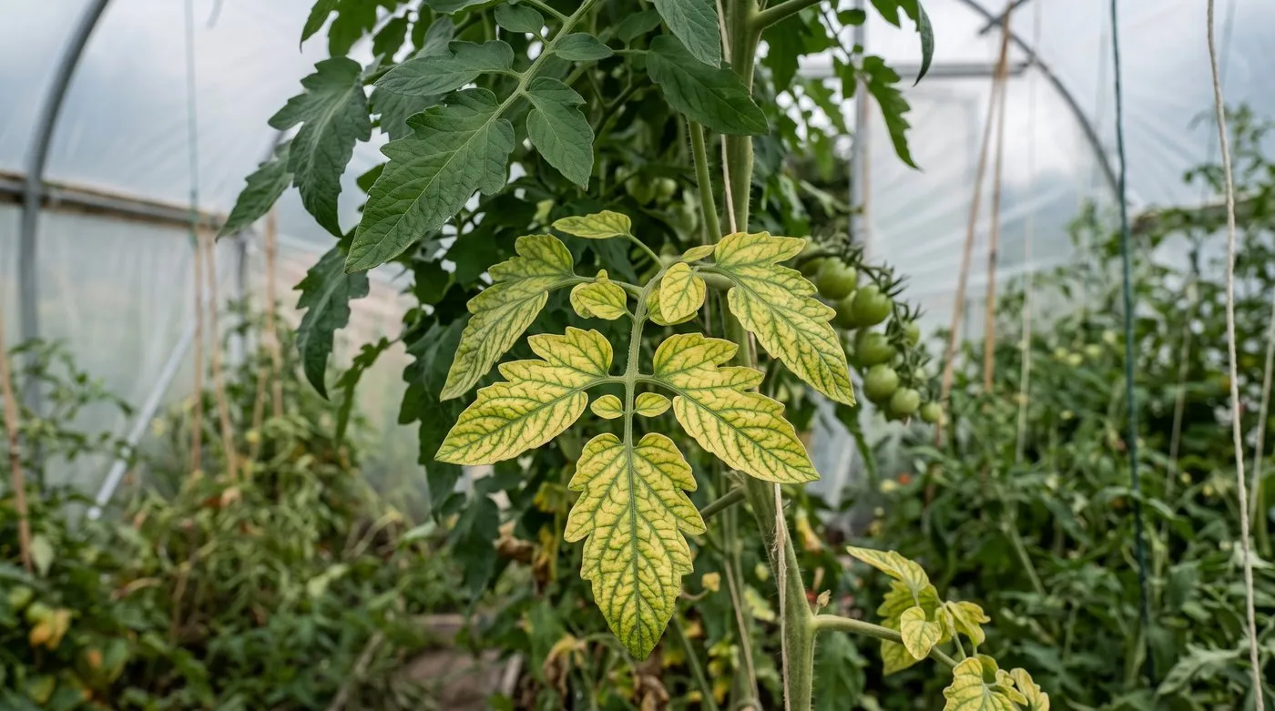Tomato leaf with yellowing between green veins from magnesium deficiency beside healthy green leaves