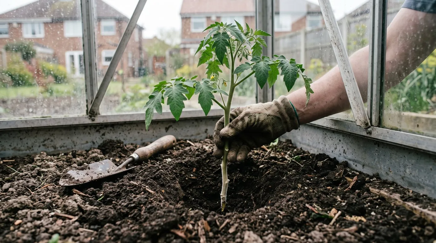 Gloved hands planting a young tomato deep in a greenhouse border with the lower stem stripped of leaves