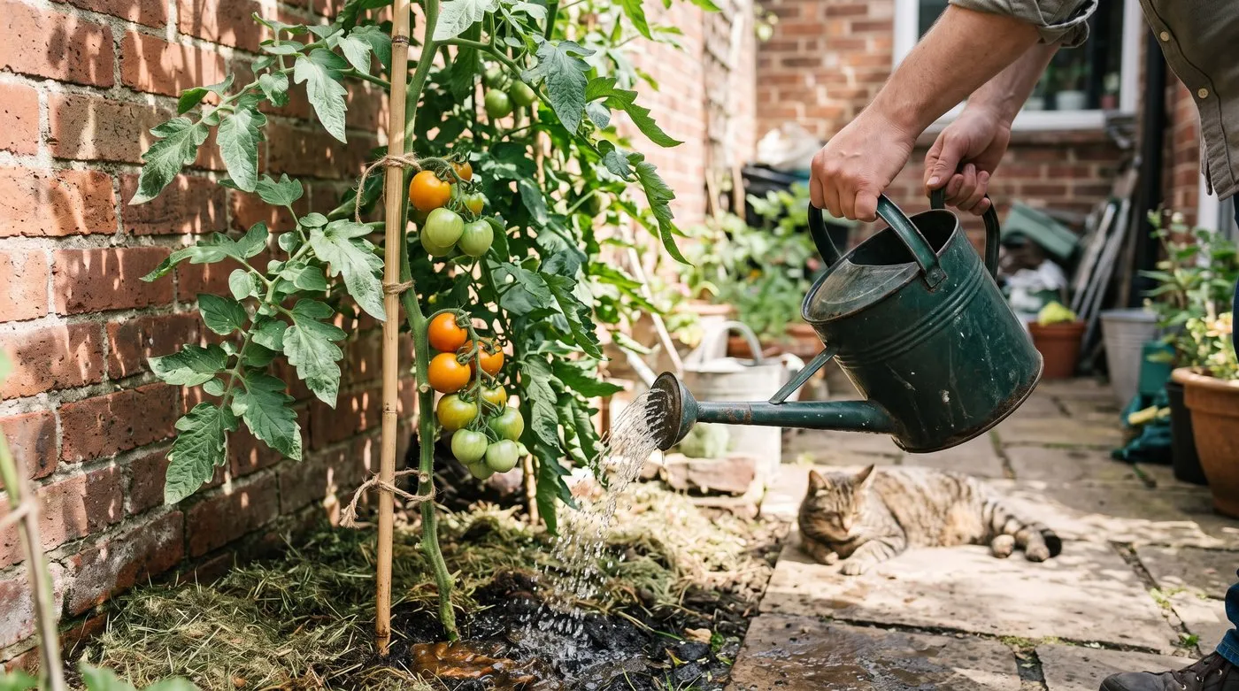 Watering can watering the mulched base of a cordon tomato against a courtyard wall, with a cat on the paving