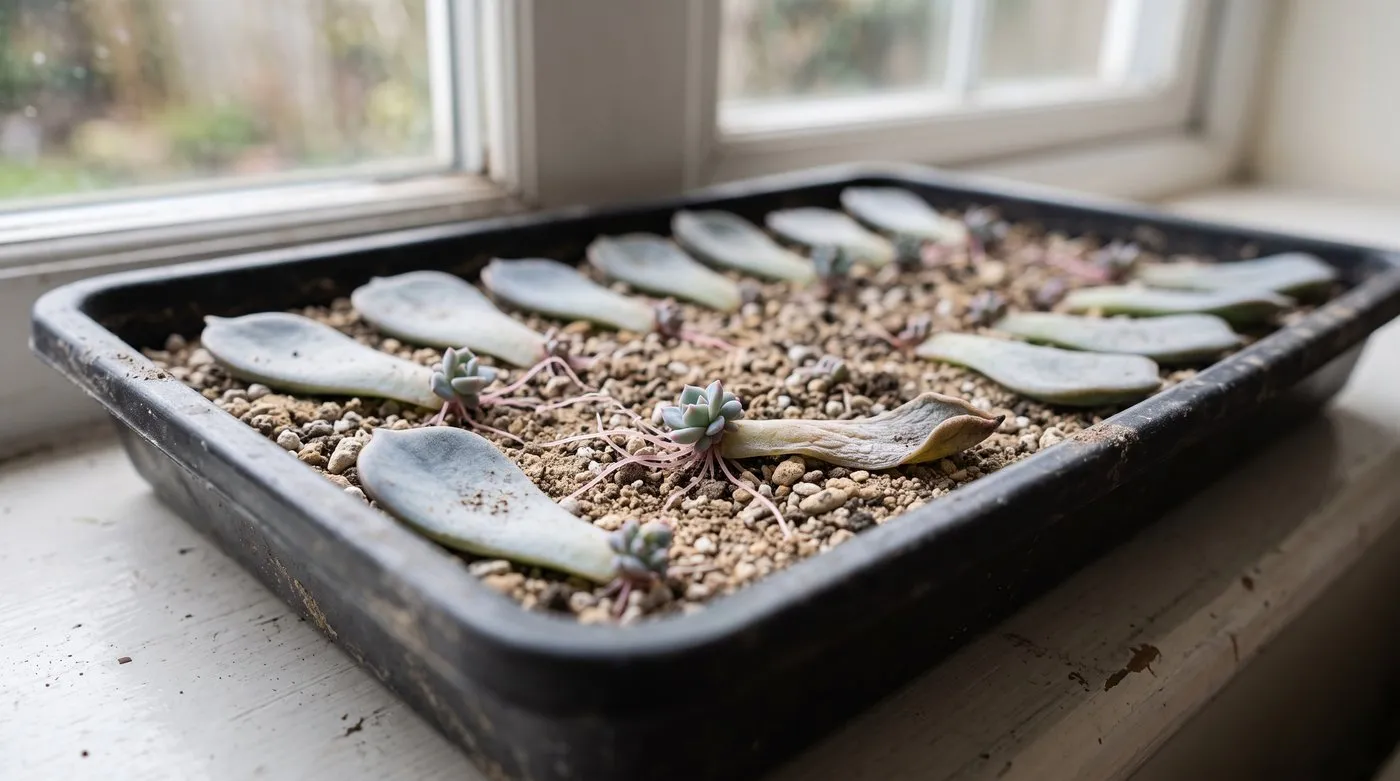 Echeveria leaf cuttings on gritty compost, with tiny new rosettes and roots forming at the base