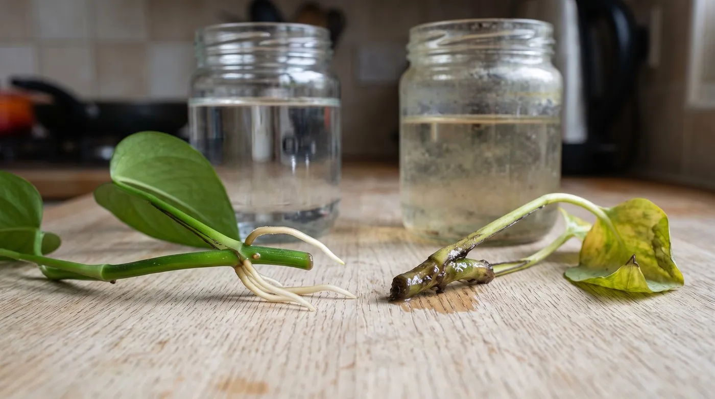 Healthy pothos cutting with white roots beside a rotted cutting with a brown, mushy base