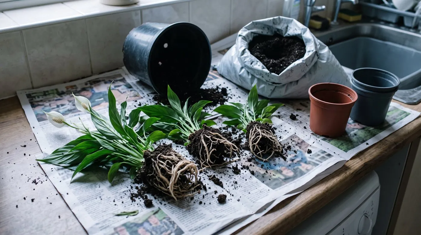 A peace lily divided into three clumps, each with its own stems and roots, ready for potting