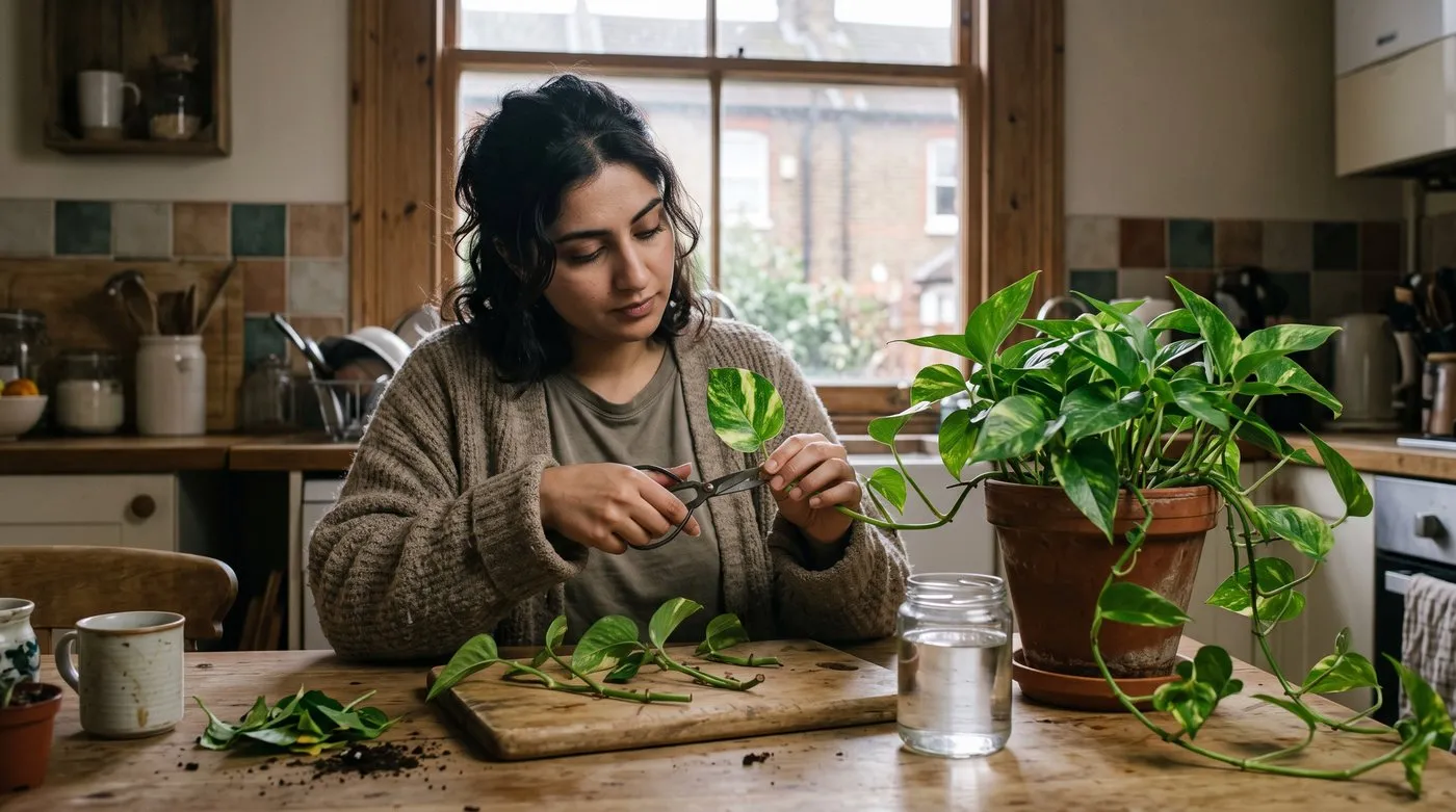 Cutting a pothos stem just below a node to propagate a houseplant at a kitchen table