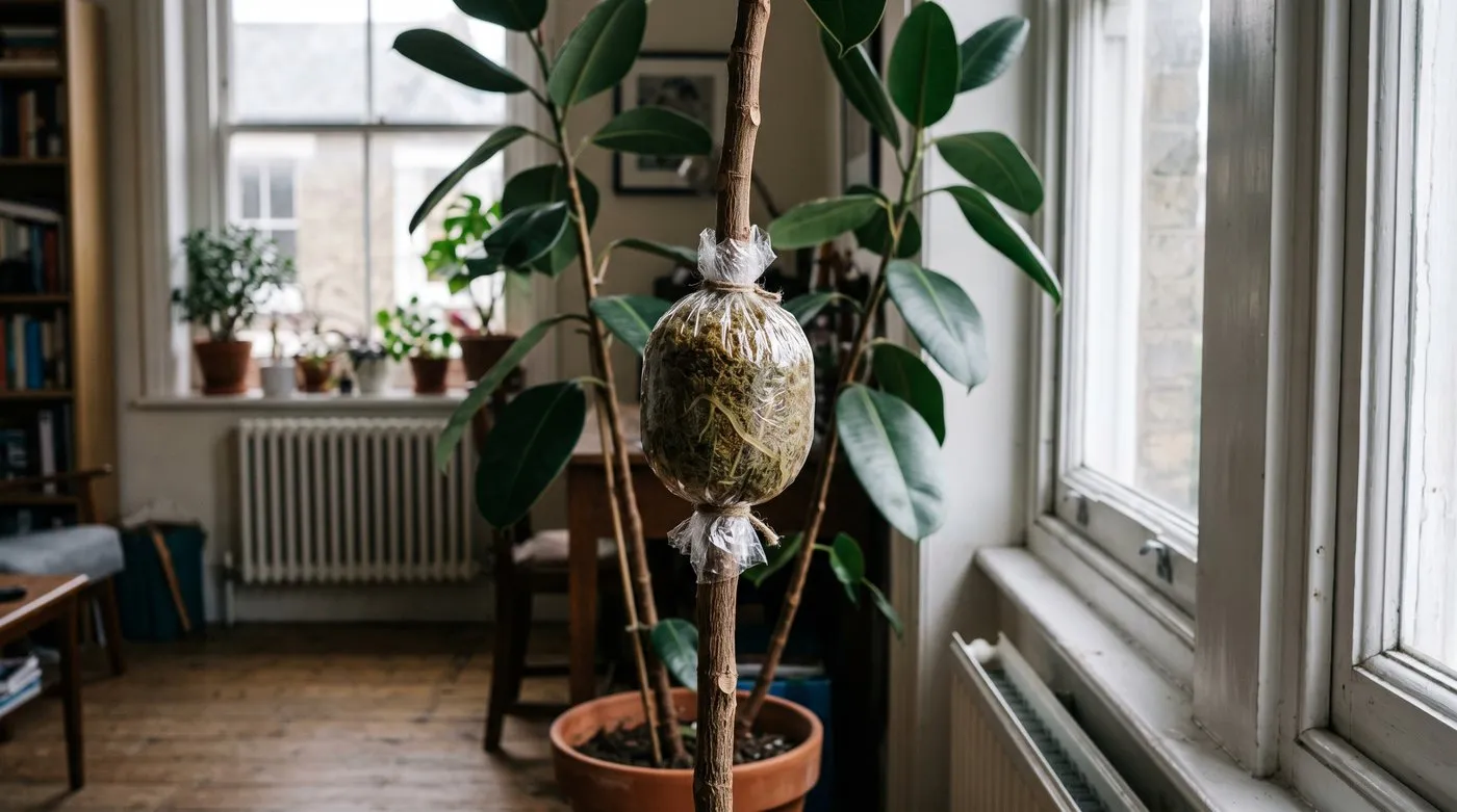 Air layering a leggy rubber plant stem with damp sphagnum moss wrapped in cling film