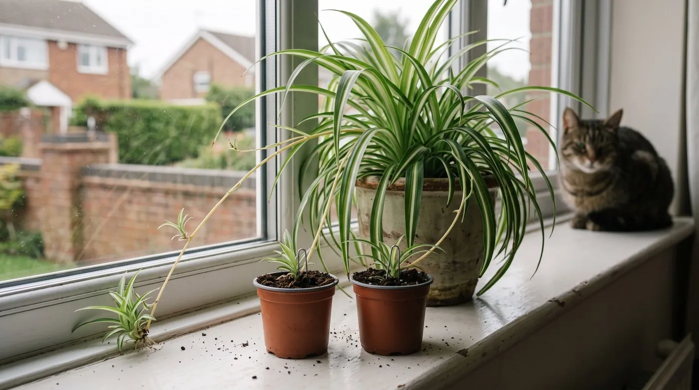 Spider plant babies pinned into small pots while still attached to the parent plant on a windowsill
