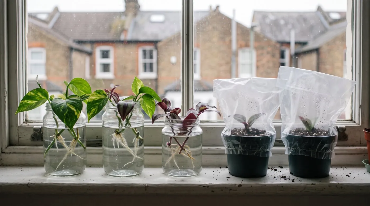 Houseplant cuttings rooting in glass jars of water beside cuttings in pots of compost and perlite